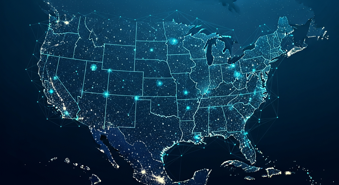AI_IMAGE: Aerial view of the United States at night showing interconnected city lights forming a network pattern across the country, deep navy blue atmosphere with soft cyan and blue light points representing population centers, subtle data visualization overlay with thin connecting lines between cities, dark moody cinematic color grading with emphasis on blues and teals, no text or labels visible | digital-art | landscape