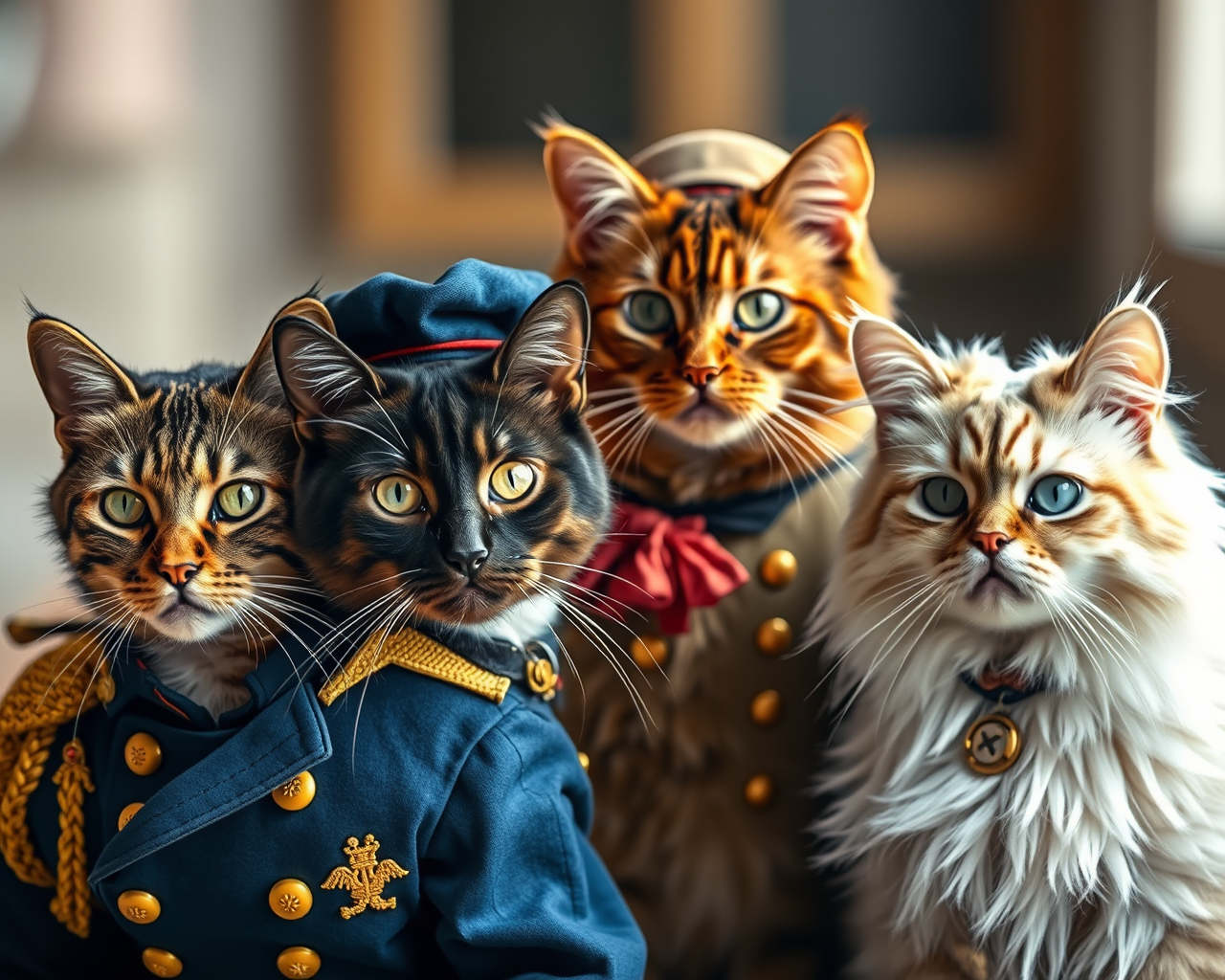Four cats dressed in military-style uniforms, featuring intricate details and colorful accessories, posing closely together.