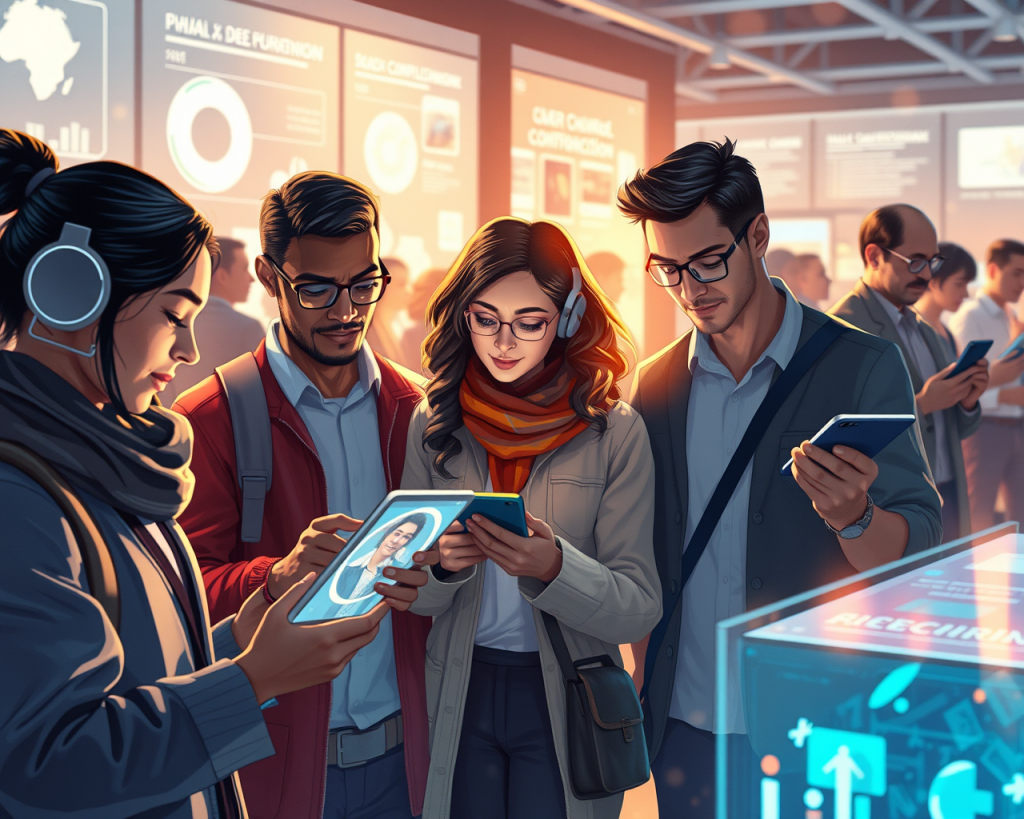 A group of young adults standing closely together, each focused on their smartphones or tablets. They are dressed casually with glasses and headphones, appearing engaged in digital content. The background shows a modern indoor setting with illuminated informational displays and other people also using devices, suggesting a tech event or conference. The lighting is warm with a slight glow highlighting the individuals.
